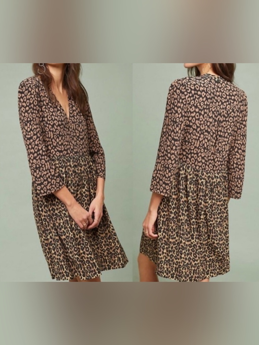 Anthropologie Brown Animal Printed Tiered Long-Sleeve Dress - Size XXS